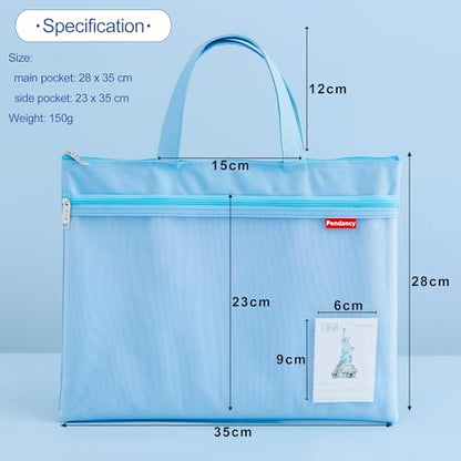 Pendancy Mesh Zipper Pouch 11x13.7 in, Large Double Pocket Waterproof File Bag with Handle, A4 Size Foldable Document Storage for Puzzle Project/Cross Stitch/Travel/Office（Blue） | Large Double Pocket Waterproof File Bag with Handle, A4 Size Foldable Docum