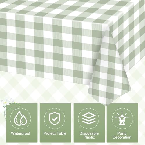 FuWeave 12 Pcs Green and White Checkered Tablecloths Disposable Plastic Gingham Table Cloths Waterproof Rectangle Plaid Table Cover for Wedding Picnic Birthday Party Decor, 54 x 108 Inch - style: Green plaid
