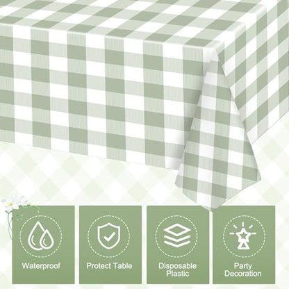 FuWeave 12 Pcs Green and White Checkered Tablecloths Disposable Plastic Gingham Table Cloths Waterproof Rectangle Plaid Table Cover for Wedding Picnic Birthday Party Decor, 54 x 108 Inch - style: Green plaid