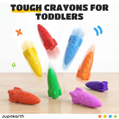 JUPITEARTH Rocket Crayons, Toddler Crayons, Non-Toxic & Washable, 12 Colors | Crayons for Toddlers 1-3, Kids Crayons Ages 2-4, Easy-to-Hold & Mess-Free Coloring Preschool Supplies