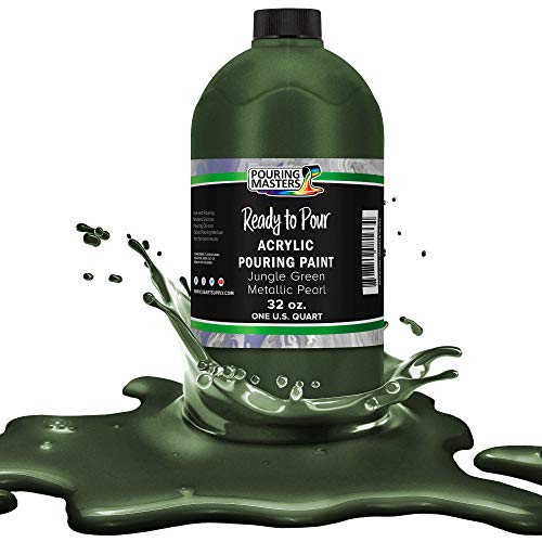 Pouring Masters Jungle Green Metallic Pearl Ready to Pour Acrylic Pouring Paint - Premium 32-Ounce Pre-Mixed Fluid Acrylic Paint - Fluid Art Supplies for Canvas, Wood, Paper, Tile & Rocks | Ready to Pour, Premium Pre-Mixed Fluid Acrylic Paint - Fluid Art