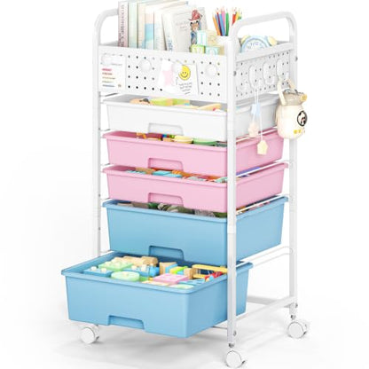5 Drawer Rolling Storage Cart with Pegboard Top and Hooks, Pink&Blue - color: Pink&Blue, size: 5-Drawers