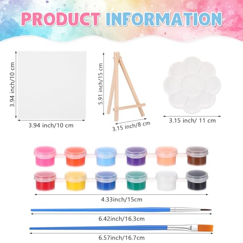 Qilery 36 Set 4 x 4 Inch Mini Canvas Boards with Easel Painting Kit, Acrylic Paints Strips, Brushes, Palette, Oil Art Set for Acrylic Birthday Party Favors - size: 4 x 4 Inch