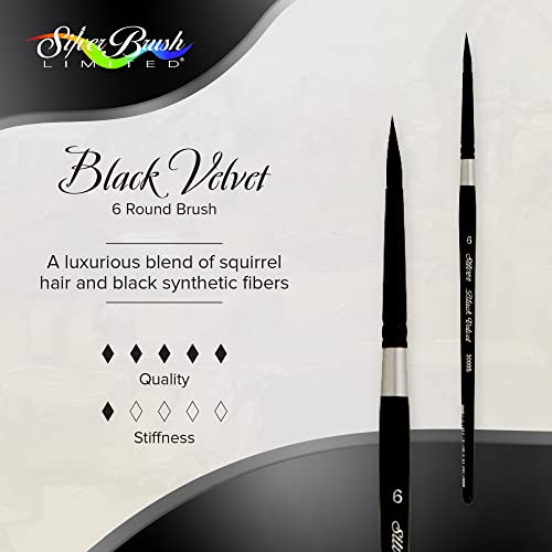 Silver Brush Limited Black Velvet Round Watercolor Paintbrush, Size 6 | Gouache, Inks, Dyes, Short Handle, Pointed Bristle, Soft Synthetic and Squirrel Mix, Superb Paint Absorbency, Smooth Strokes - size: 6