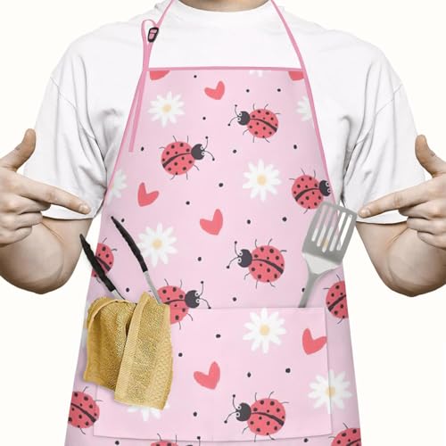 Apron with 2 Pockets,Kitchen Chef Artist Aprons for Cooking Gardening Baking Painting, Waterproof Apron 33" x 27" - color: Ladybug