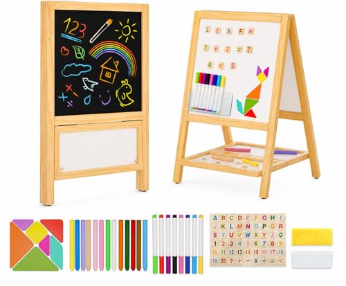 Kids Easel Wooden Art Easel for Kids, Tabletop Magnetic Drawing Board with Dual Chalkboard & Whiteboard, Foldable No-Assembly Design, Art Set with 54 Magnetic Letters & Numbers and Dustless Chalk