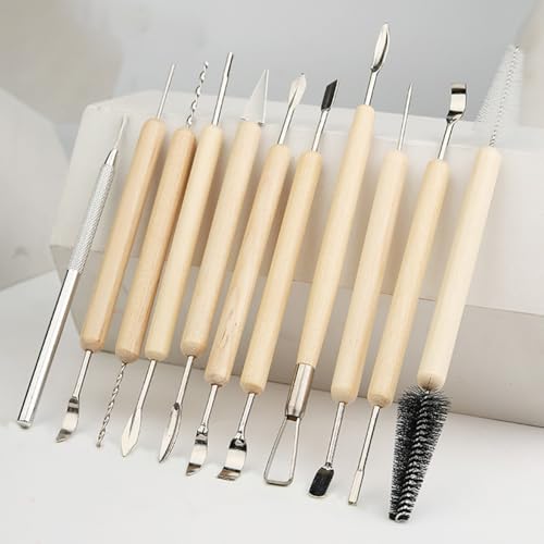 GSHLLO 11 Pcs Polymer Clay Sculpting Tool Set Wooden Handle Pottery Tools DIY Craft Ceramic Modeling Tools Professional Pottery Trimming Tool Ceramic Carving Accessories for Sculptures