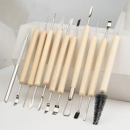 GSHLLO 11 Pcs Polymer Clay Sculpting Tool Set Wooden Handle Pottery Tools DIY Craft Ceramic Modeling Tools Professional Pottery Trimming Tool Ceramic Carving Accessories for Sculptures