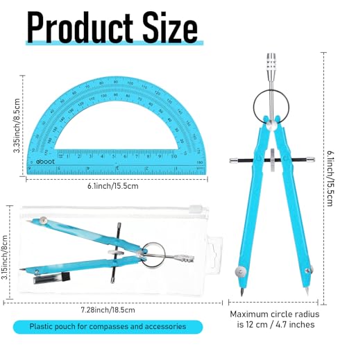 EBOOT Student Geometry Math Set, Metal Drawing Compass and 6 Inch Clear Swing Arm Protractors 180 Degree Math Protractor(Blue and Blue) - color: Blue and Blue