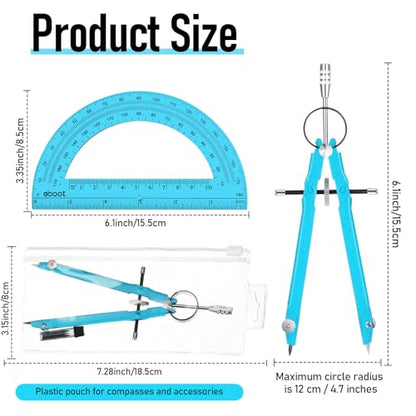 EBOOT Student Geometry Math Set, Metal Drawing Compass and 6 Inch Clear Swing Arm Protractors 180 Degree Math Protractor(Blue and Blue) - color: Blue and Blue