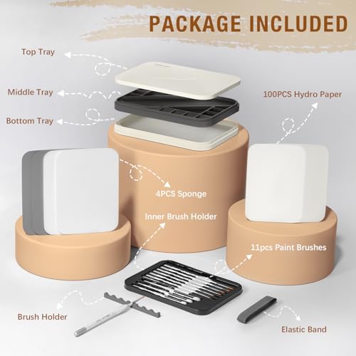 golden maple Wet Pallet for Painting Miniatures 2 in 1 Dry and Wet Palette with Lid, Including 11 Miniature Paint Brushes,100PCS Palette Paper, 4PCS Sponges, Paint Brushes Holders - color: White+Gray