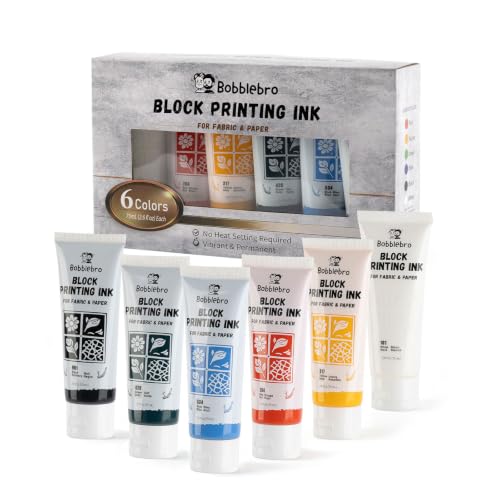 Block Printing Ink Set, 6 Colors, 2.6 oz Each, for Fabric & Paper