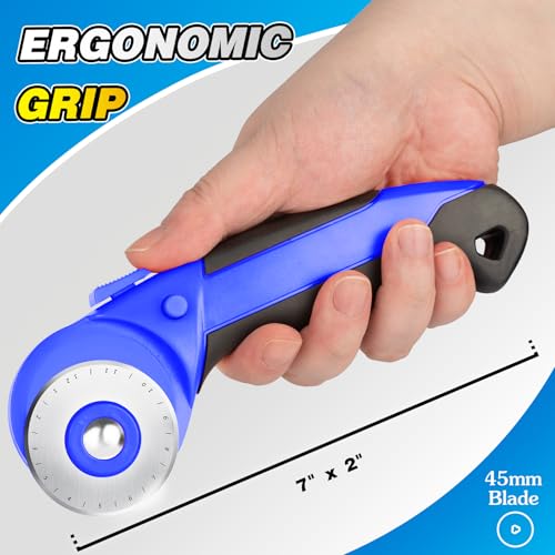 DIYSELF 45mm Rotary Cutter, Safety Lock Fabric Cutter with 5 Blades | Safety Lock, Fabric Cutter Rotary Tool for Quilting Cotton and Felt, Rolling Cutter for Fabric, Sewing, Quilting and Crafts - color: Blue