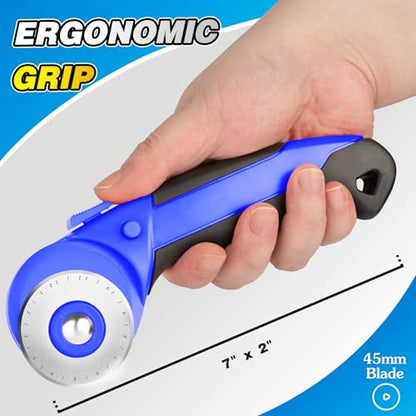 DIYSELF 45mm Rotary Cutter, Safety Lock Fabric Cutter with 5 Blades | Safety Lock, Fabric Cutter Rotary Tool for Quilting Cotton and Felt, Rolling Cutter for Fabric, Sewing, Quilting and Crafts - color: Blue