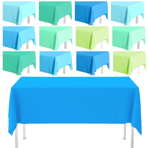 Kinlop 12 Pcs Plastic Light Sky Blue Tablecloths Green Disposable Rectangle Table Covers 54 x 72 Inch for Gender Reveal Parties Baby Shower Engagement Wedding, Fits 5 to 6 Foot Rectangle Tables - color: Summer Color