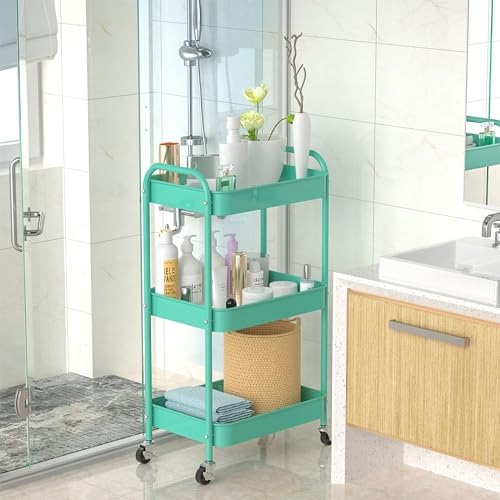 3-Tier Rolling Cart, Metal Utility Storage Carts with Wheels,Blue | Multi-Functional Organizer Easy Assembly Snack Cart - color: Blue