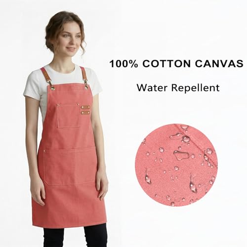 ZOMAO Chef Apron for Women Men with Large Pockets, Cotton Canvas Cross Back Waterproof Work Aprons for Kitchen Cooking Bib - color: Pink