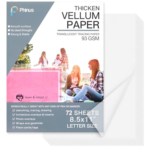 Phinus 72 Sheets Translucent Vellum Paper 8.5 x 11, Printable Vellum Jackets Vellum Paper for Invitations, Tracing Paper for Drawing Sketching, Invitation Belly Bands, Gift Box Liners, White