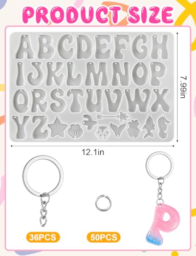 Alphabet Keychain Mold with Hole with 36 Pcs Key Ring Accessory | Reversed Letter Keychain Silicone Molds, Letter Molds for Epoxy Resin Casting Craft DIY Pendants Ornaments Gift - color: Alphabet white