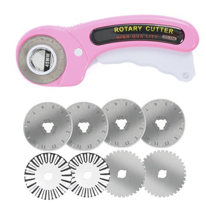 Rotary Cutter with 8Pcs Extra Blades, Ergonomic Rolling Cutter | 45mm Cutter with Safety Lock, Suitable for Leather, Crafting, Sewing, and Quilting Fabric (Pink)