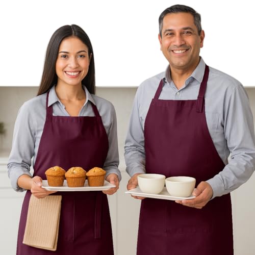 Native Fab Kitchen Apron 2 Pack - 100% Cotton Adjustable, Durable Apron with Pockets, Perfect for Cooking, Baking, Grilling - color: Burgundy Wine