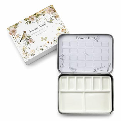 Bower Bird Travel Watercolor Palette,Portable Ceramic Palette 6 Well,Empty Paint Palette,Small Travel Metal Paint Boxwith Porcelain Palette (6Well)