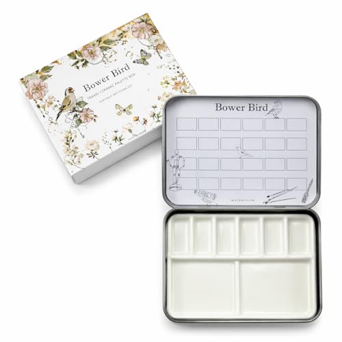 Bower Bird Travel Watercolor Palette,Portable Ceramic Palette 6 Well,Empty Paint Palette,Small Travel Metal Paint Boxwith Porcelain Palette (6Well)
