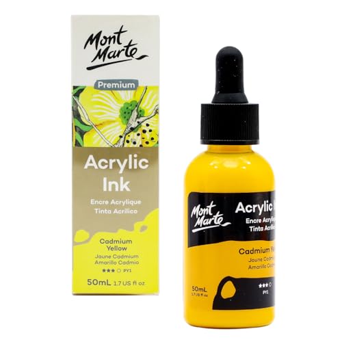 Mont Marte Acrylic Ink Premium 50ml - Cadmium Yellow, Acrylic Inks for Artists, Fluoro Colors, Ideal for Air Brush, Pouring Art, Scrapbooking, Ink Drawing, Mixed Media - color: Cadmium Yellow, size: 1.7 fl oz
