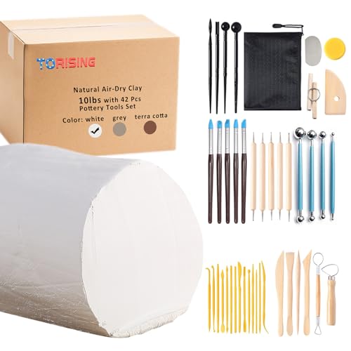 TORISING Air Dry Clay 10 LBs with 42 Pcs Set Pottery Clay Tools Set for Hand Modeling and Throwing, Non-Toxic (White & Kit) - color: White & Kit