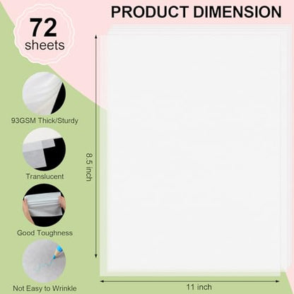 Phinus 72 Sheets Translucent Vellum Paper 8.5 x 11, Printable Vellum Jackets Vellum Paper for Invitations, Tracing Paper for Drawing Sketching, Invitation Belly Bands, Gift Box Liners, White