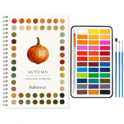 Watercolor Practice Workbook with Guided Themed Pages – Spiral Bound Painting Exercise Book with Included Paint Set & Assorted Brushes for Beginner Art Practice (Autumn) - color: AUTUMN