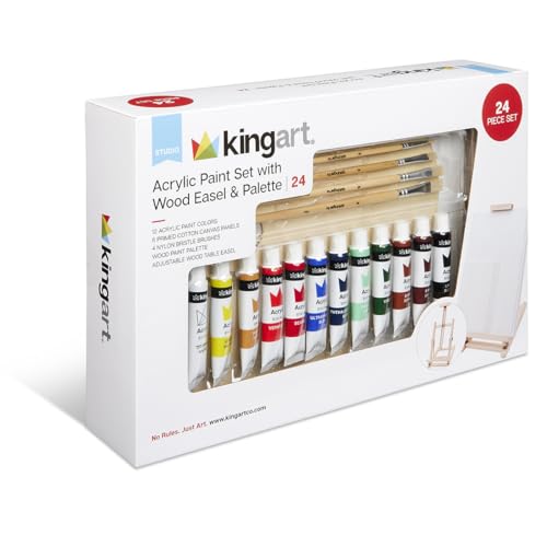 KINGART 21-Piece Artist Acrylic Painting Set with H-Frame Wooden Easel, 12 Vivid Acrylic Paint Colors, 6 Canvas Panels, 4 Brushes, Wood Palette - School, Students, Adults, Gift Giving