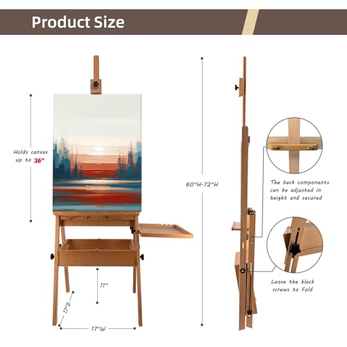 Large Beech Wood Painting Easel H-Frame, Drawer with Palette - color: Wooden Pro