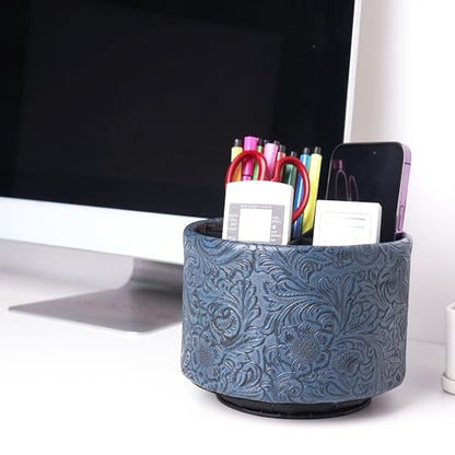 Round Leather Art Supply Organizer,Remote Control Holder,360 Degree Spinning,Multi-Functional Pencil Holder,4 Compartments Desktop Stationary Organizer(1-Carved Dark Blue) - color: 1-Carved Dark Blue