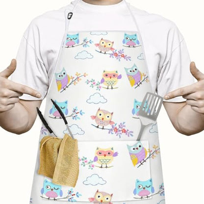 Apron with 2 Pockets,Kitchen Chef Artist Aprons for Cooking Gardening Baking Painting, Waterproof Apron 33" x 27" - color: Owl