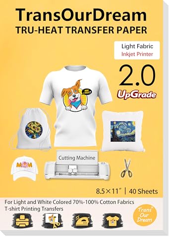 TransOurDream Upgraded Iron on Heat Transfer Paper for T Shirts (40 Sheets, 8.5x11") Iron on Transfers for Light Fabric Printable Heat Transfer Vinyl for Inkjet Printer (L2-40) - color: Light, size: 40 Sheets