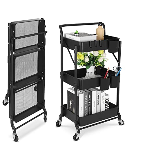 Foldable 3 Tier Metal Utility Rolling Cart, Folding Mobile Multi-Function Storage Trolley Organizer Cart for Home Library Office(Black) | Collapsible Rolling Storage Cart with 3 Hanging Cups, Folding Storage Trolley Organizer Cart for Home Office Kitchen(