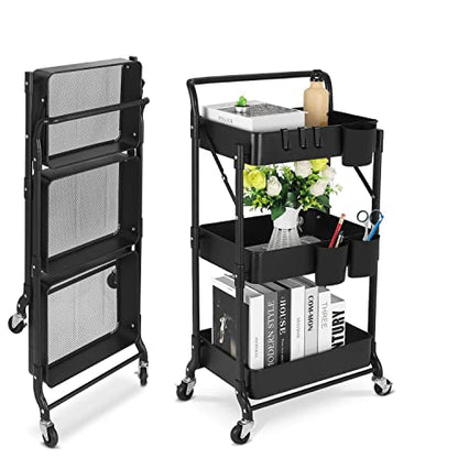 Foldable 3 Tier Metal Utility Rolling Cart, Folding Mobile Multi-Function Storage Trolley Organizer Cart for Home Library Office(Black) | Collapsible Rolling Storage Cart with 3 Hanging Cups, Folding Storage Trolley Organizer Cart for Home Office Kitchen(