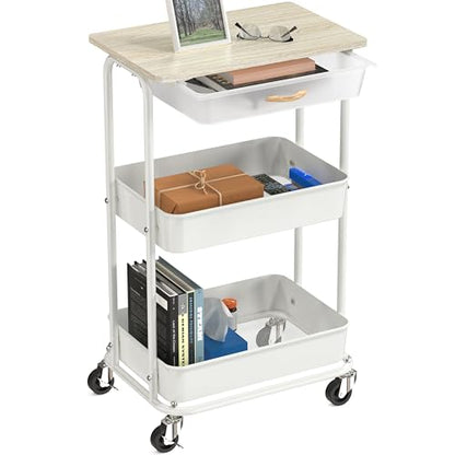 Simple Houseware 3-Tier Rolling Utility Cart with Drawer & Wood Top, Maple - color: Maple
