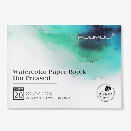Fuumuui Watercolor Paper Block 11x15 Inch, Smooth Surface 100% Cotton Watercolor Paper, 20 Sheets, 140lb/300gsm, Hot Press, Acid-Free, Art Paper for Painting & Drawing, Wet, Mixed Media - color: Hot Press, size: 11“×15”