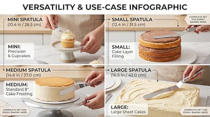 4-Piece Offset Spatula Set for Cake Decorating – Food-Grade Stainless Steel Angled Icing Spatulas with Ergonomic Handles – Frosting Tools for Cakes & Cupcakes (10", 12", 14", 16")