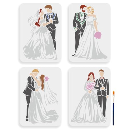 MAYJOYDIY 4pcs Love Wedding Stencil 11.7×8.3inch Large Marriage Couple Stencils with Paint Brush Sweet Bride and Groom Family Drawing Template for DIY Craft Furniture Wood Canvas Paper - color: Love Wedding