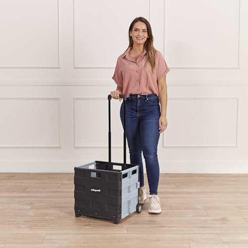 ECR4Kids Universal Collapsible Rolling Utility Storage Cart, Black | Durable plastic, adjustable handle, 40 lb capacity, collapses to 3" thick for storage, rolling wheels for easy transport