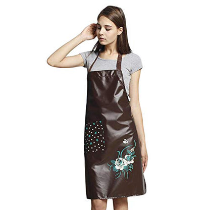PU Kitchen Oil and Waterproof Aprons for Women with Pocket for Cooking Washing - color: Coffee