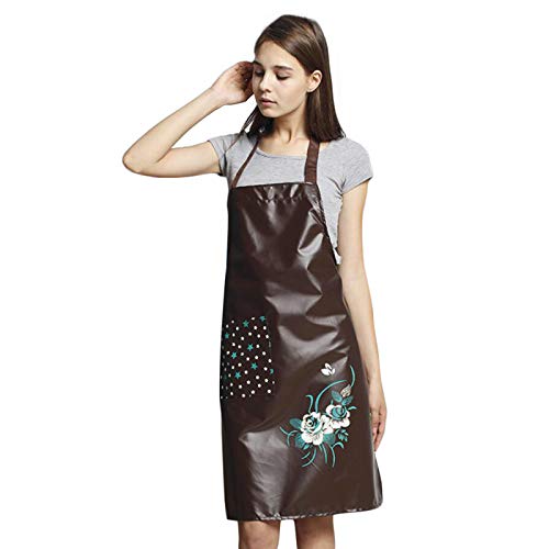 PU Kitchen Oil and Waterproof Aprons for Women with Pocket for Cooking Washing - color: Coffee