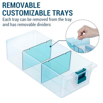 MyGift Single Stackable Tray, Add-on for 11 Inch Clear Arts & Crafts Storage Box with Blue Accents, 9 Compartment Sewing Supplies Organizer 3 Drawers and Removable Dividers - color: Clear& Blue (Add on Tray Only)