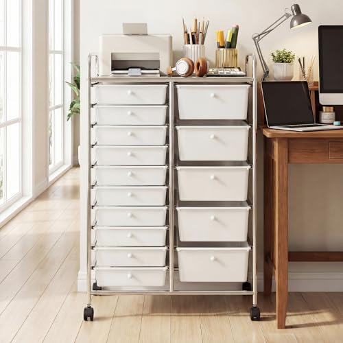 DREAMADE 15-Drawer Rolling Storage Cart, Mobile Craft Cart, White | Utility Organizer with Lockable Wheels, Removable Plastic Drawers and Metal Frame for Home Office, Classroom and Studio - color: White, size: 24.5"L x 15"W x 38"H