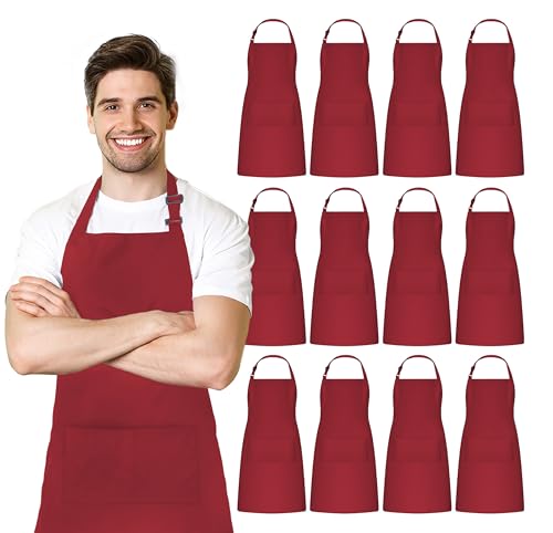 Adjustable Bib Apron 100% Polyester Kitchen Aprons Waterdrop Resistant Aprons with Adjustable Strap, Pockets & Long Ties - color: Red, style: Pack of 12