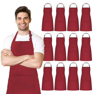 Adjustable Bib Apron 100% Polyester Kitchen Aprons Waterdrop Resistant Aprons with Adjustable Strap, Pockets & Long Ties - color: Red, style: Pack of 12