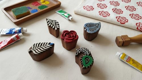 Craftsofindia® Flowers and Leaf Wooden Blocks Stamps for Printing on Textiles, Pottery Crafts,Henna, Scrapbooking (Set of 6) - size: Pack # 105
